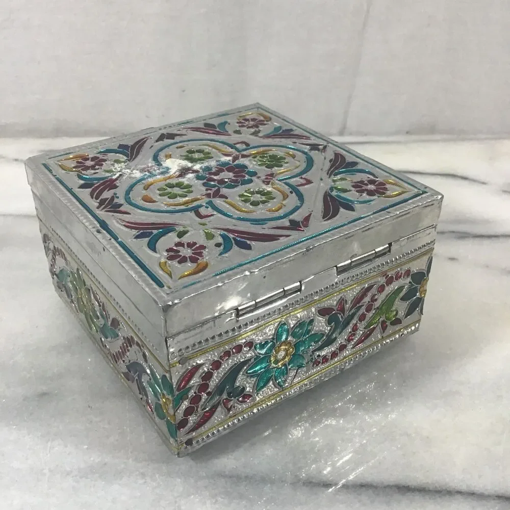 Vintage Style Meenakari Jewelry Box Reproduction Indian Metal Trinket
